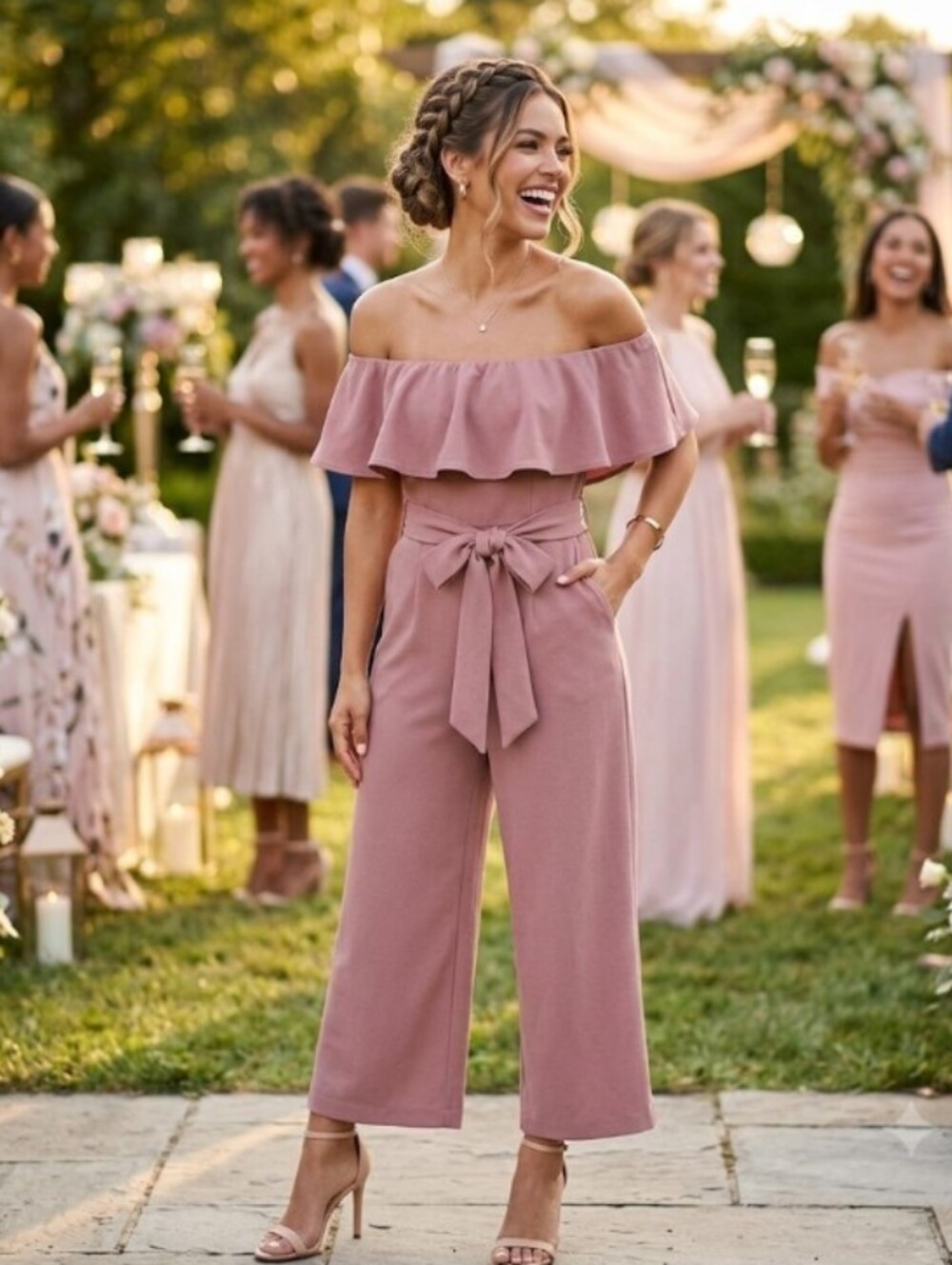 Babaton Strapless Romper Autum Wedding Guest Colette Wide Leg Crop Dusty Rose